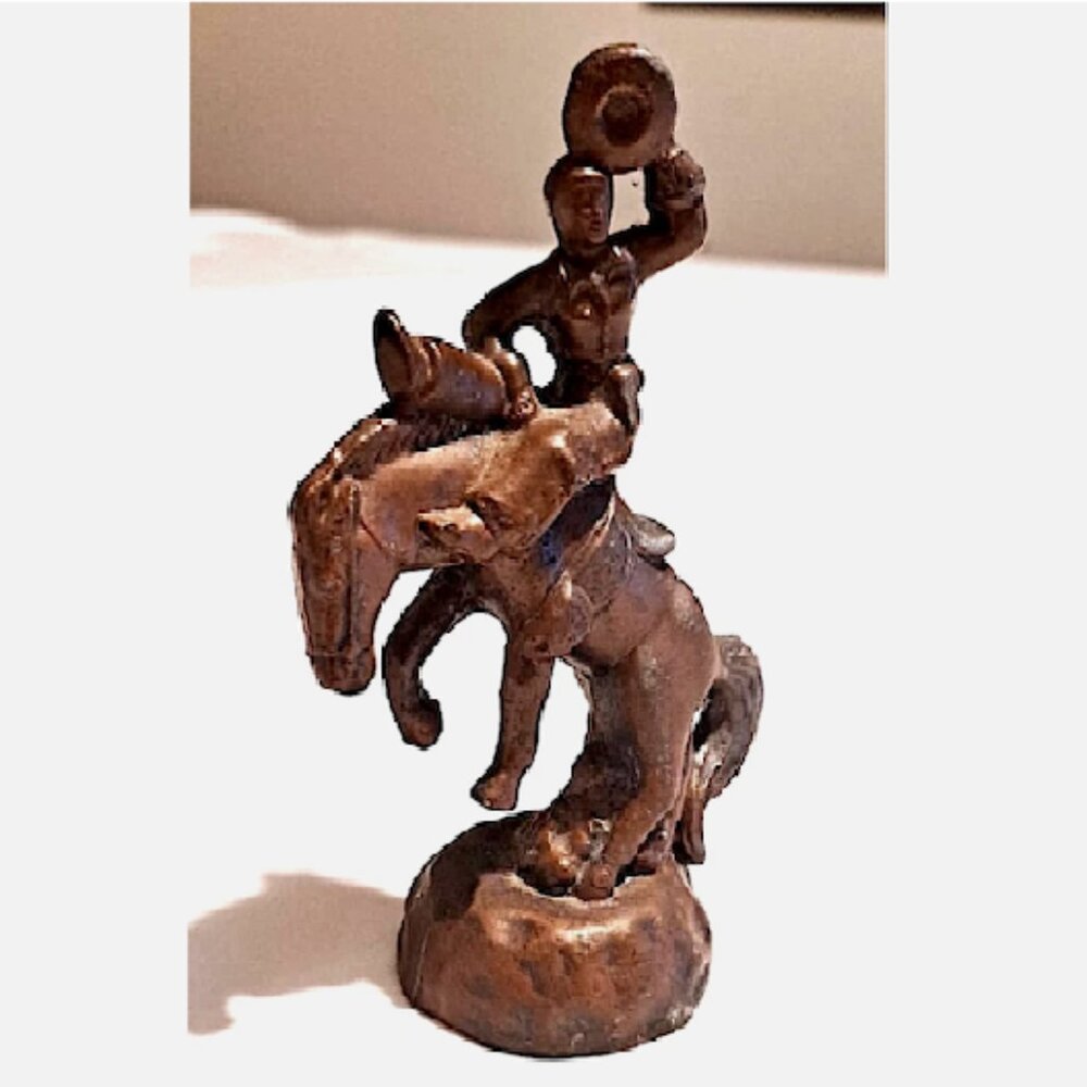 Vintage 1940s Cowboy on Bucking Horse Paperweight Figurine 5” Western Americana